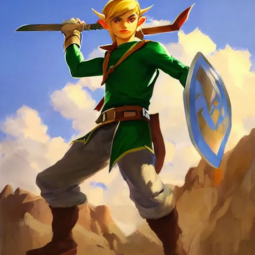 Image similar to greg manchess portrait painting of link from legend of zelda as overwatch character, medium shot, asymmetrical, profile picture, organic painting, sunny day, matte painting, bold shapes, hard edges, street art, trending on artstation, by huang guangjian and gil elvgren and sachin teng