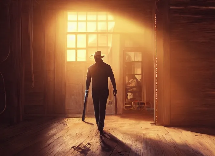 Image similar to elon musk walking through the door of a saloon, wild west, sunset, desert, dusty, sunbeams. digital illustration, colors, soft lighting, adventurous, atmospheric lighting, 8K, octane render. By Makoto Shinkai, Stanley Artgerm Lau, WLOP, Rossdraws, James Jean, Andrei Riabovitchev, Marc Simonetti, krenz cushart, Sakimichan, D&D trending on ArtStation, digital art.