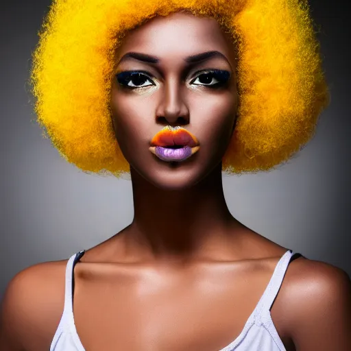 Prompt: a realistic model photoshoot of a black girl with yellow afro hair, beautiful, model, professional picture, realistic, 4 k, bright light, portrait