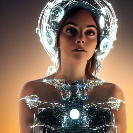 Prompt: beautiful Fine art photo of enraptured young Marta Sanchez as a solarpunk robotic goddess, white mechanical parts with led lights, photorealistic, centered, torso and face, highly detailed and intricate, sunset lit, 8k