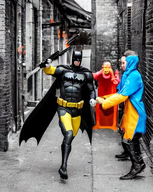 Prompt: happy batman firing super soaker water gun at playful criminals in an alleyway, everyone having fun, product advertisement, photogenic photograph