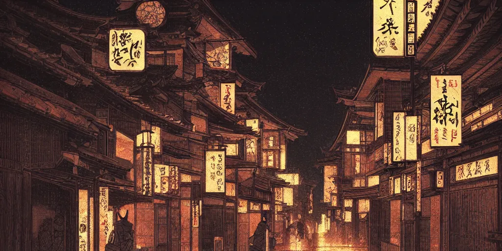 Prompt: feudal japan tokyo street at night, street level, cinematic lighting!!, 4k, trending on artstation, intricate illustration, fast sketch!!!!, rough, ultra detailed, art by albert bierstadt