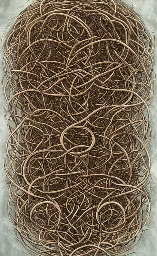 Image similar to a network of thick vines intertwined in the shape of a Celtic knot, central composition, in the style of Peter gric and Hannah yata 8k