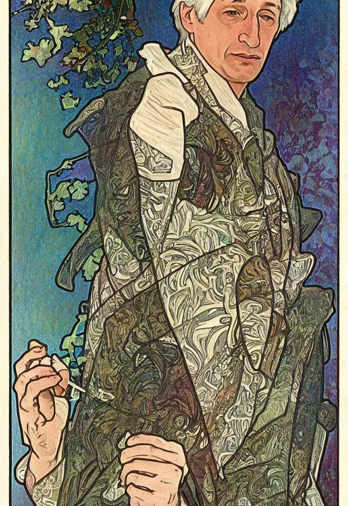 Image similar to realistic white - haired geoffrey hinton on a tarot card, tarot in art style by alphonse mucha