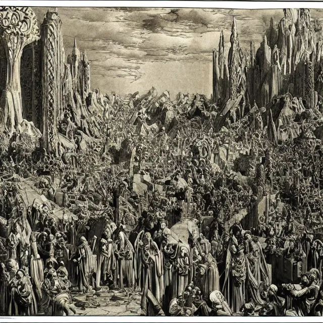 Image similar to artwork by Franklin Booth and Gustav Doré showing the fall of the city of Babylon