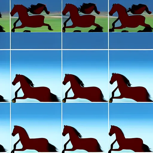 Image similar to an animation of the same horse running left to right shot frame by frame, separated into equally sized frames, from'animation types'