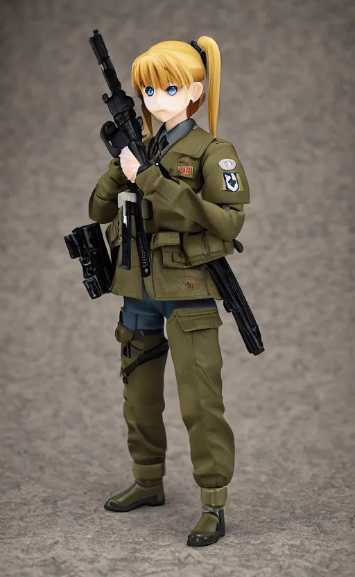 Image similar to toy photo, grabbing a rifle, school uniform, portrait of the action figure of a girl, anime character anatomy, small blue eyes, figma by good smile company, collection product, dirt and smoke background, flight squadron insignia, realistic military gear, 70mm lens, round elements, photo taken by professional photographer, trending on instagram, symbology, 4k resolution, low saturation, realistic military carrier