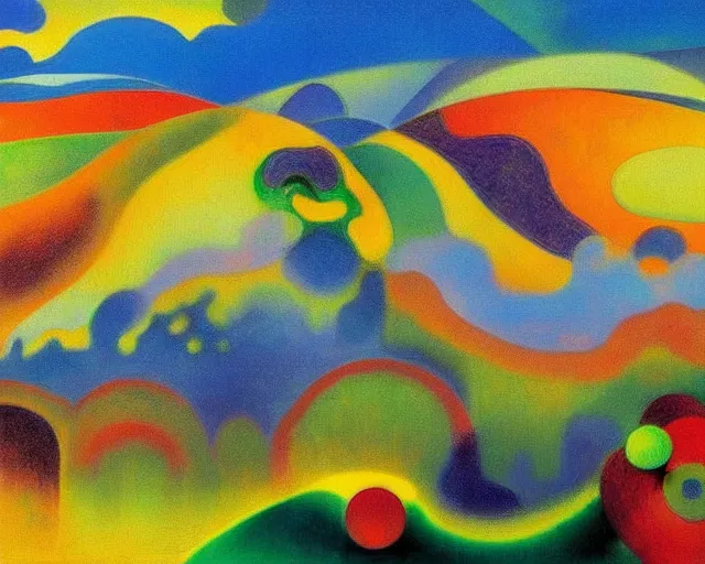 Image similar to An insane, modernist landscape painting. Wild energy patterns rippling in all directions. Curves, organic, zig-zags. Mountains, clouds. Rushing water. Waves. Psychedelic dream world. Odilon Redon. Agnes Pelton. Peter Max.