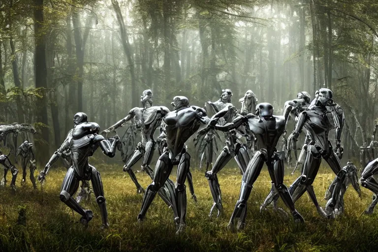 Prompt: 1 0 0 0 0 humanoid robots fighting in the forest, hyper realistic, ambient lighting, concept art, intricate, hyper detailed, smooth, dynamic volumetric lighting, octane, raytrace, cinematic, high quality, high resolution, 4 k, cgsociety, rutkowski, gurney, h. r. giger, cylon