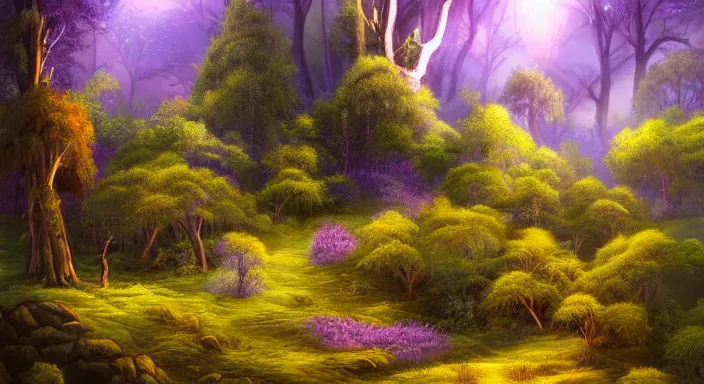 Image similar to A professional digital landscape painting of The Feywild forests overlooking a mansion, painted by Terese Nielsen, 4k, digital art, highly detailed, upper body shot, shallow depth of field, purple and yellow lighting, professional lighting, airbrush,