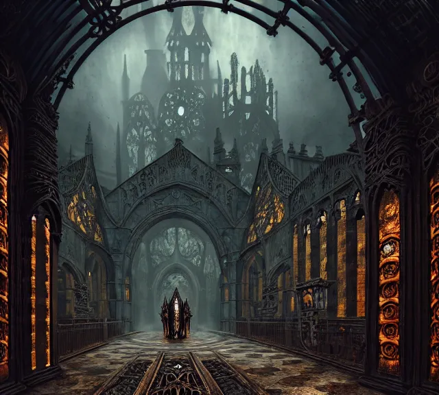 Image similar to steam necropolis, memento mori, gothic, neo - gothic, art nouveau, hyperdetailed copper patina medieval icon, stefan morrell, philippe druillet, ralph mcquarrie, concept art, steampunk, unreal engine, detailed intricate environment, octane render, moody atmospherics, volumetric lighting, ultrasharp, ominous, otherworldly