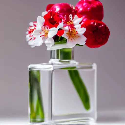 Image similar to perfume bottle sitting on a white surface surrounded by a plethora of red and white and peach flowers, bright white realistic, up close shot, white background, zen, light, modern minimalist f 2 0 blurry background