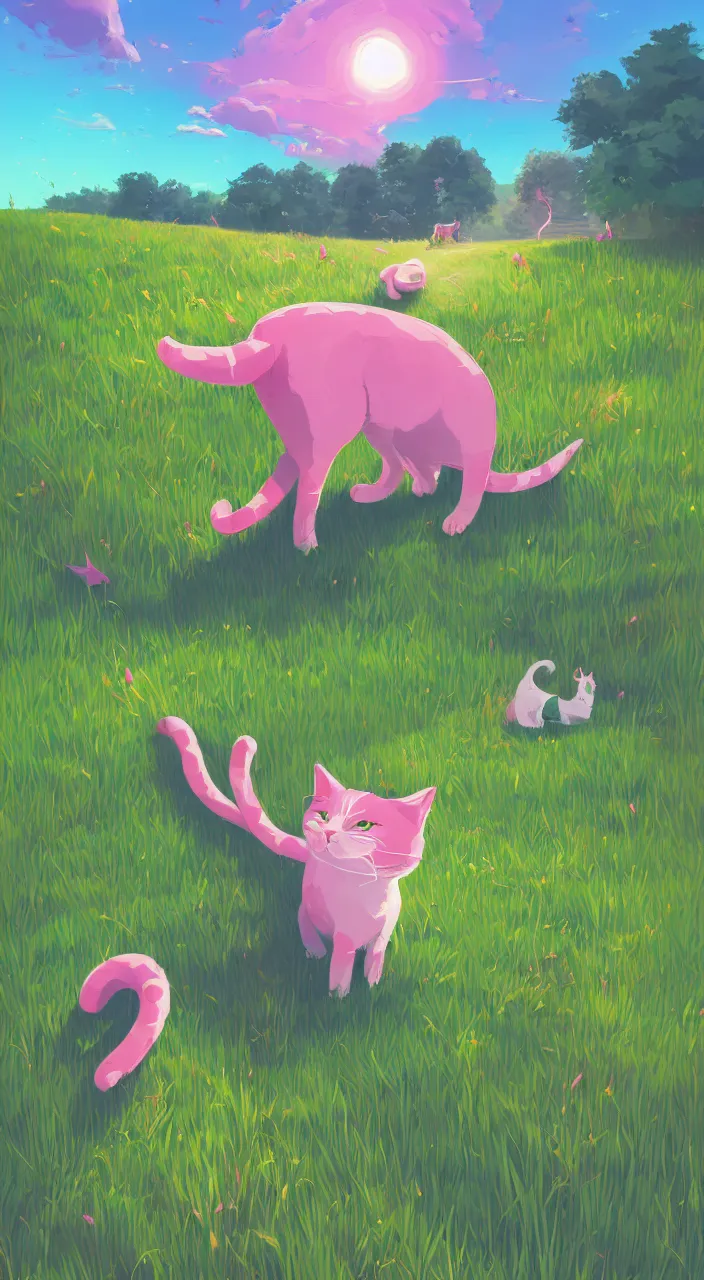 Prompt: Cat walking in the green grass, aesthetic, calming, pink clouds in the sky, brightly illuminated by rays of sun, artstation, colorful sylvain sarrailh illustration, by peter chan, day of the tentacle style, twisted shapes