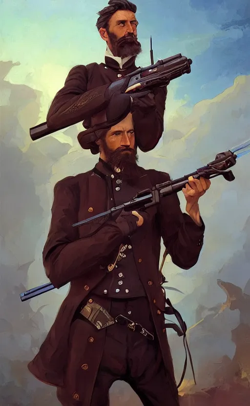 Prompt: professional painting of John Brown holding a futuristic rifle, wearing men's 1800s garb, intricate, elegant, digital painting, concept art, smooth, sharp focus, illustration, art nouveau, by Ruan Jia and Dan Mumford and Mandy Jurgens and Artgerm and William-Adolphe Bouguerea
