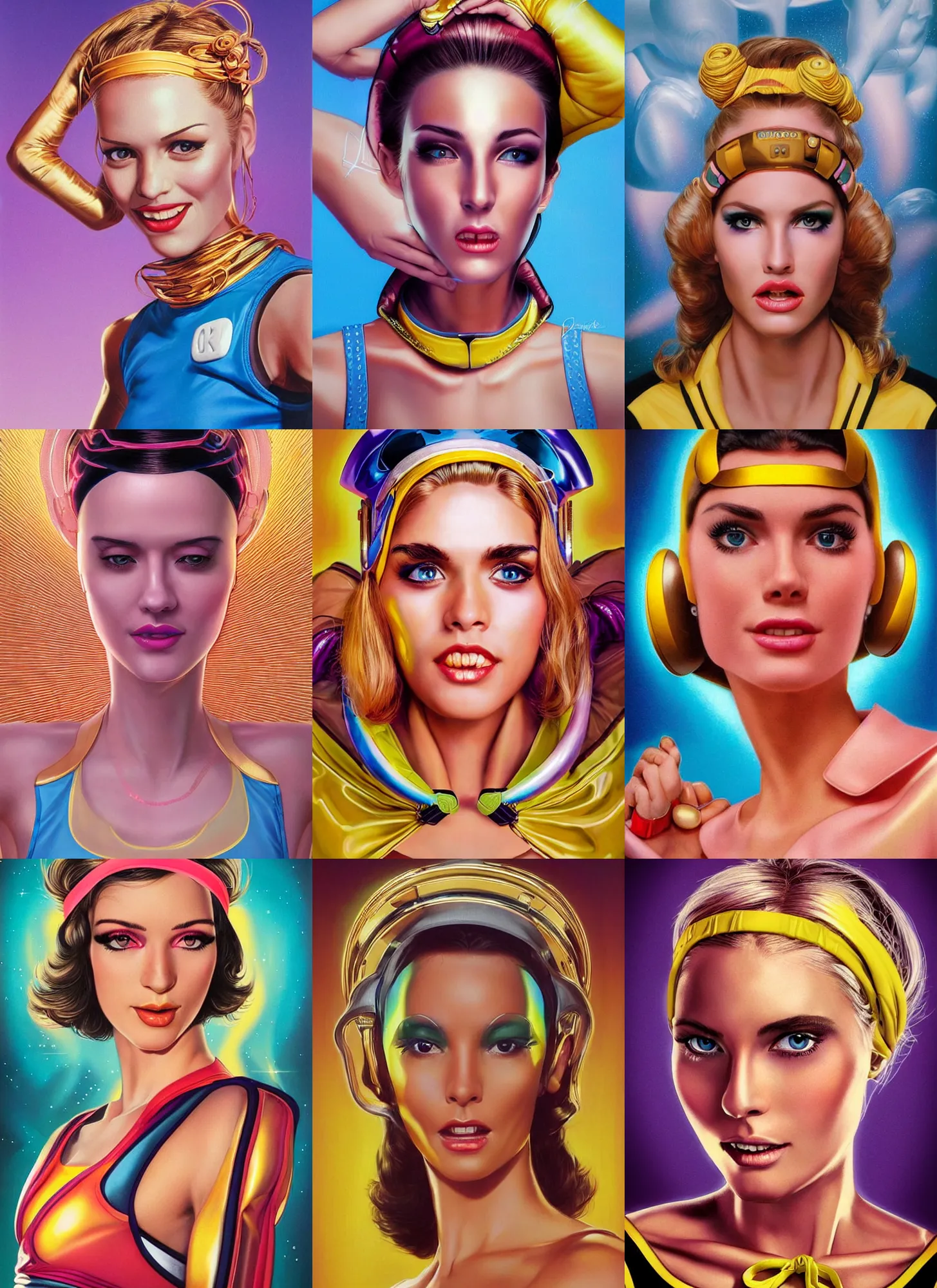 Prompt: gorgeous android woman facial portrait dressed in an aerobic outfit of the eighties with golden colors and head band, seducing expression, smiling, cute nose, retro, beautiful lights, vintage look, hyper realistic, illustration, airbrush, 8 k, intricate, duo tone, art by david la chapelle and philip castle, artgerm