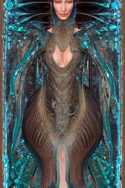 Prompt: a highly detailed portrait of a beautiful ancient alien techno woman goddess bella hadid in iris van herpen dress in diamonds and fractals in style of alphonse mucha art nuvo dmt trending on artstation made in unreal engine 4