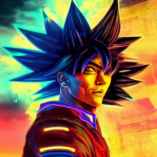 Image similar to a portrait of a neon cyberpunk goku in a racing helment by sandra chevrier, detailed render, epic composition, cybernetics, 4 k realistic, cryengine, realistic shaded lighting, sharp focus, masterpiece, by matteo scalera, gary montalbano, peter elson in the style of the tokyo ghost comic