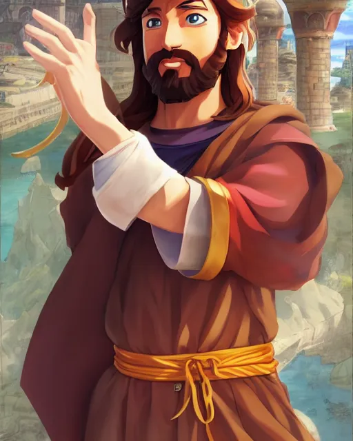 Image similar to an anime portrait of jesus christ in the world of super mario, by stanley artgerm lau, wlop, rossdraws, james jean, andrei riabovitchev, marc simonetti, and sakimichan, trending on artstation