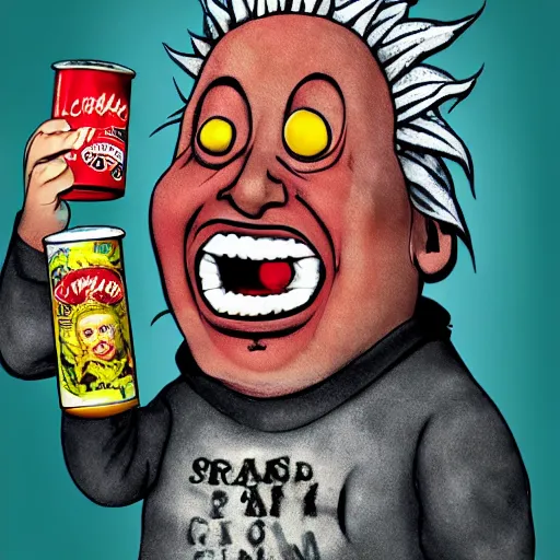 Prompt: crazy eyed demon laughing very hard at a can of spam, guy fieri, the pope, fifty cent