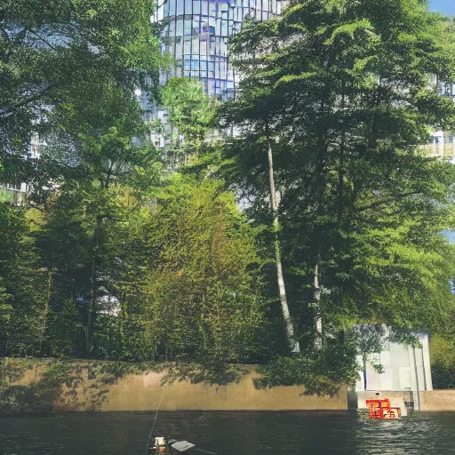 Image similar to a man fishing into a river with trees and a sci - fi containment building in the background, a sense of hope and optimism, monumental, harsh sunlight