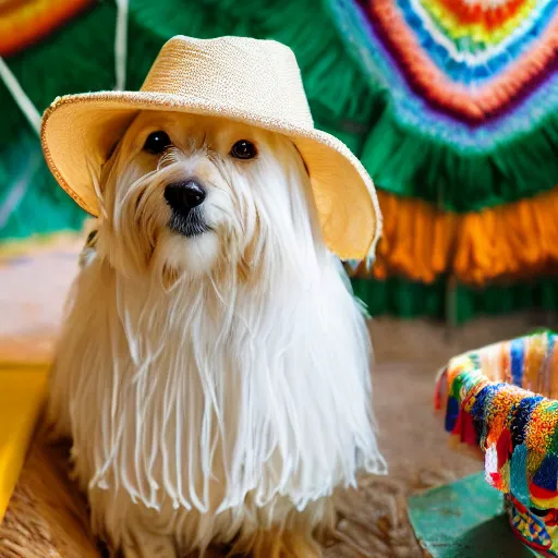 Prompt: a cream-colored Havanese dog wearing a knitted cinco de mayo poncho and hat at a fiesta in Mexico, Leica 35mm, 4K