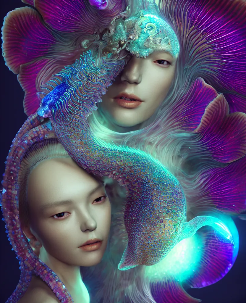 Image similar to goddess close-up portrait. dichroic orchid jellyfish phoenix head, nautilus, skull, betta fish, bioluminiscent creatures, intricate artwork by Tooth Wu and wlop and beeple. octane render, trending on artstation, greg rutkowski very coherent symmetrical artwork. cinematic, hyper realism, high detail, octane render, 8k