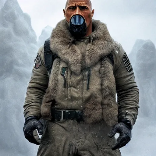 Prompt: dwayne johnson, wearing a gas mask and arctic clothing, vaping thick clouds through the mask, close - up, hyper detailed 3 d matte painting, federico pela + greg rutkowski, hyper detailed 3 d render by unreal engine