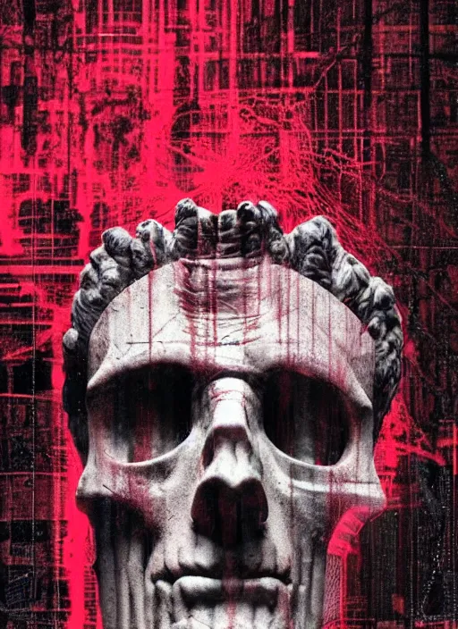 Image similar to dark design poster showing a statue of julius caesar with a skull, black background with very subtle red and purple design elements, powerful, nekro, vito acconci, thin straight lines, dark, glitch art, neo vaporwave, gritty, layout frame, square, trending on artstation