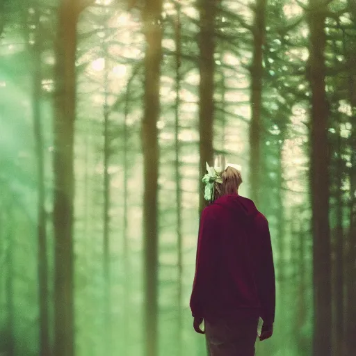 Image similar to kodak portra 4 0 0 photograph of a skinny blonde guy standing in dark forest on a glowing path, back view, flower crown, moody lighting, telephoto, 9 0 s vibe, blurry background, vaporwave colors, faded!,