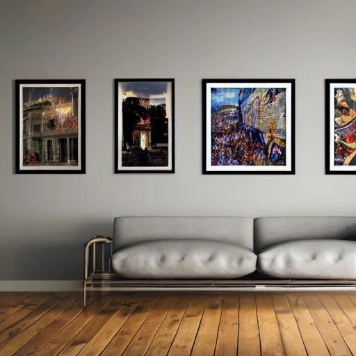 Image similar to photo of wall with collection of framed art for rich collectors, ultra - realistic hdr highly detailed cinematic lighting