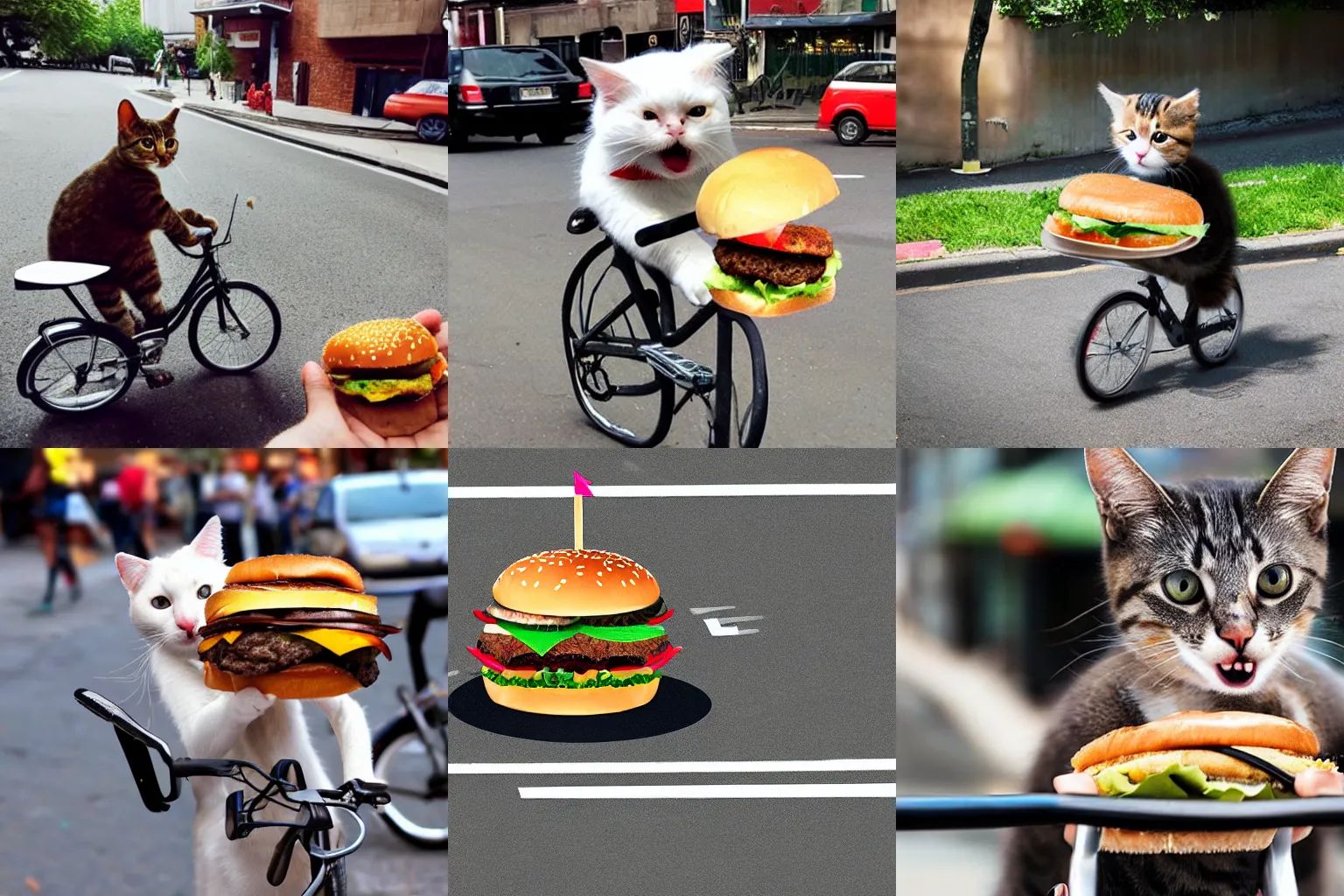 Prompt: cat riding a bike, eating a burger.