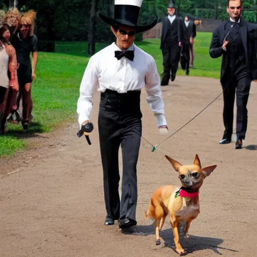 Image similar to a chihuahua wearing a top hat walking Matthew McConaughey on a tightrope