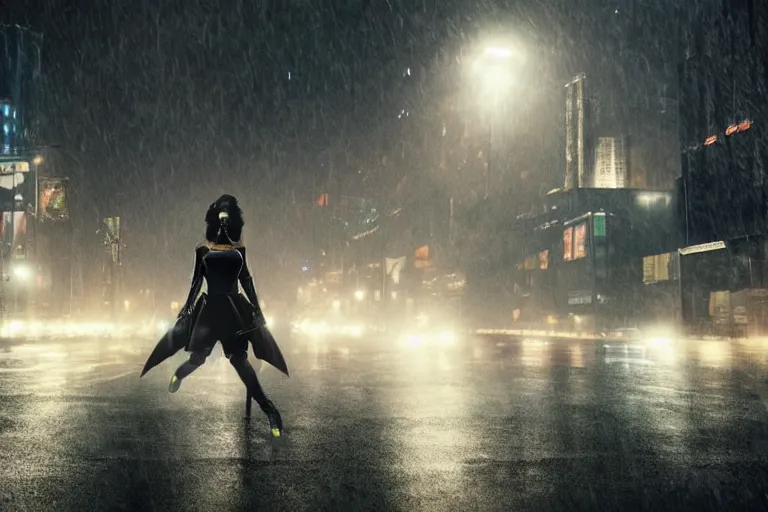 Image similar to vfx marvel sci-fi woman black super hero robot photo real full body action pose, flying over city street cinematic lighting, rain and fog by Emmanuel Lubezki