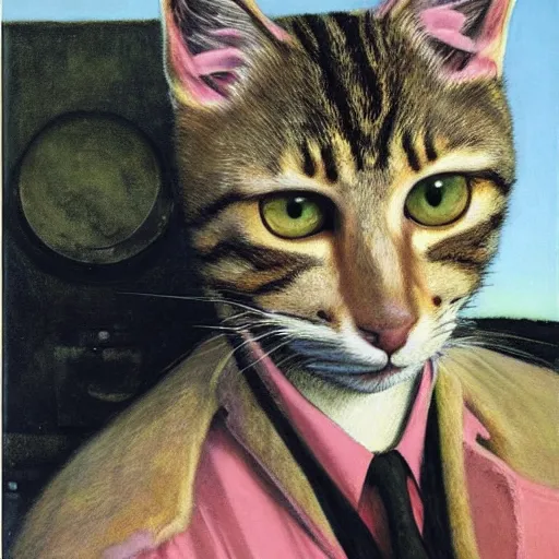 Image similar to fuzzy furry ears Portrait of Man camouflaged as Tabby Cat whilst wearing a pink tuxedo Standing atop a Garbage Truck Newell Convers Wyeth Andrew Wyeth Jamie Wyeth