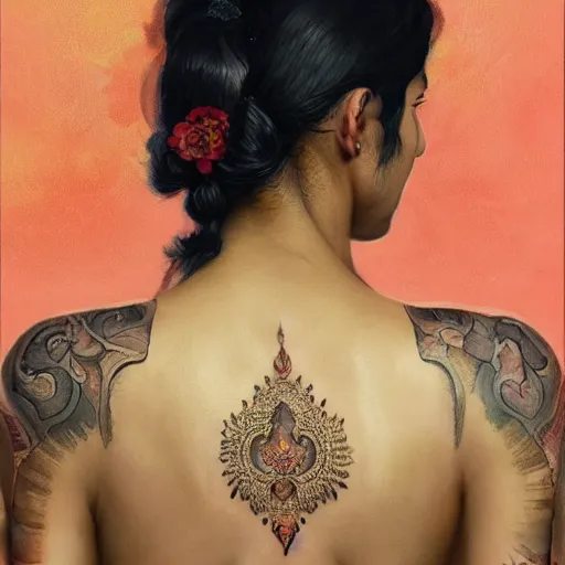 Prompt: portrait painting of a muscular bloodied indian man lower back, tattooed, wearing sari, jewellery, side profile, ultra realistic, concept art, intricate details, eerie, highly detailed, photorealistic, octane render, 8 k, unreal engine. art by artgerm and greg rutkowski and alphonse mucha