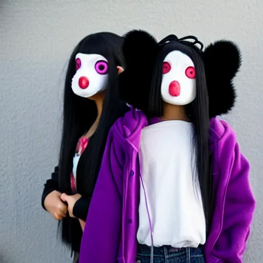 Image similar to two girls, a girl with short white hair and polar bear ears wearing an open black coat, another girl with long black hair wearinga purple hoodie with red eyes