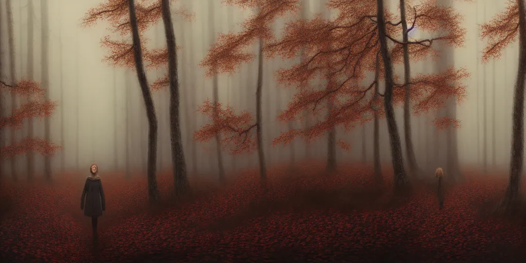 Image similar to a girl in an autumn forest, by Aron Wiesenfeld, wolf, cinematic, detailed illustration, nature, fog, dark colors, suspense, intricate, 8k