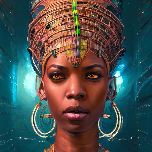 Image similar to highly detailed portrait of an african neon egyptian goddess, intricate alien technology, stephen bliss, unreal engine, fantasy art by greg rutkowski, loish, rhads, ferdinand knab, makoto shinkai and lois van baarle, ilya kuvshinov, rossdraws, tom bagshaw, global illumination, radiant light, detailed and intricate environment