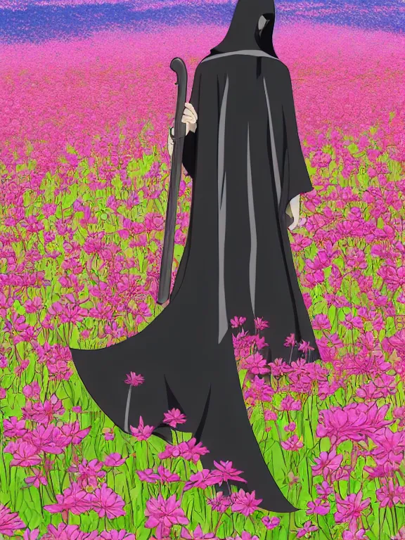 Image similar to grim reaper with no facr in flower field, anime style, high detail, high resolution,