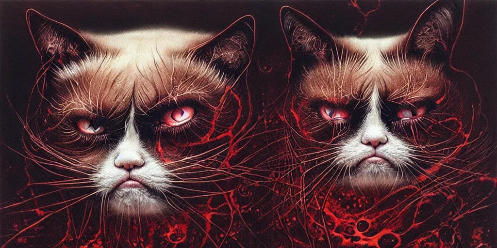 Image similar to a spirit of grumpy cat, red lake, рhighly detailed, holland angle, art by Ayami Kojima, Beksinski, Giger