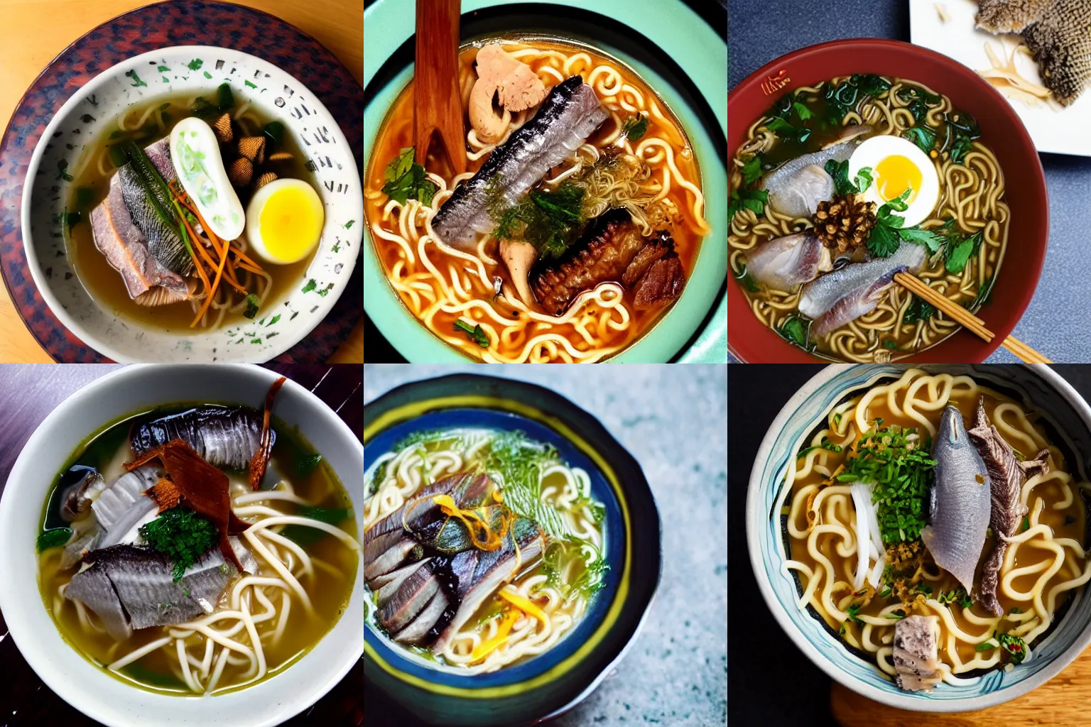 Prompt: delicious herring head and pinecone ramen, food blog photo