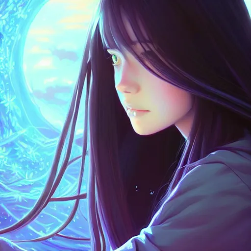 Image similar to a beautiful girl with long dark hair, going through a portal between worlds, intricate, highly detailed, digital painting, artstation, official media, anime key visual, concept art, rich vivid colors, ambient lighting, sharp focus, illustration, art by Artgerm, Makoto Shinkai, Ilya Kuvshinov, Lois Van Baarle, and Rossdraws