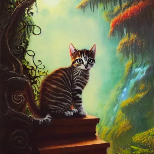 Prompt: painting of one kitten in the enchanted forest standing on the steps and watching the waterfall, fantasy, intricate, extremely detailed, face enhance, matte, featured in artstation, art by louis wain, greg rutkowski