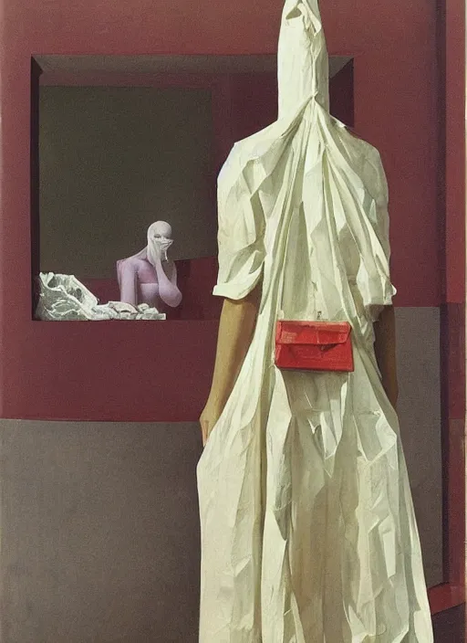 Image similar to woman in dress made from plastic bag with paper bags for clothes standing inside paper bags with paper bag over the head at store display Edward Hopper and James Gilleard, Zdzislaw Beksinski, highly detailed