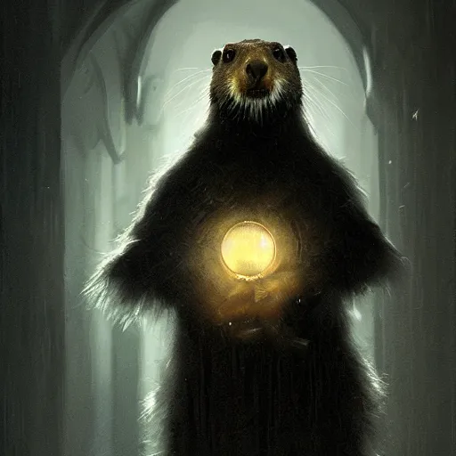 Image similar to portrait of a Marmot in a black cloak,  glowing eyes, detailed face, highly detailed, cinematic lighting, digital art painting by greg rutkowski.