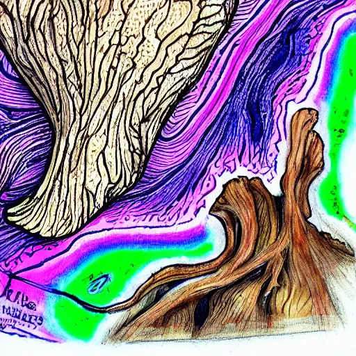 Prompt: detailed drawing of a white oyster mushroom fruiting from a tree trunk, psychedelic colors, tye dye