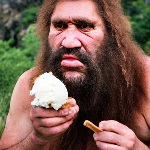 Image similar to photo of a neanderthal caveman eating ice cream