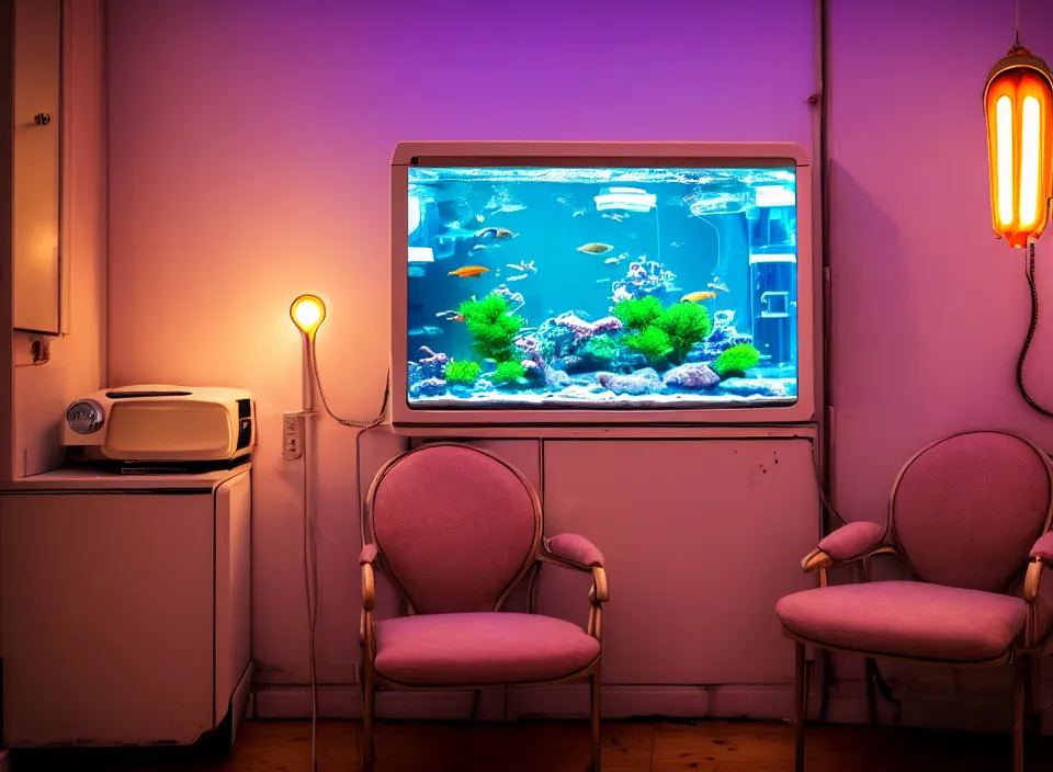 Image similar to telephoto 7 0 mm f / 2. 8 iso 2 0 0 photograph depicting the feeling of chrysalism in a cosy cluttered french sci - fi ( art nouveau ) cyberpunk apartment in a pastel dreamstate art cinema style. ( aquarium, computer screens, window ( city ), fish tank, lamp ( ( ( armchair ) ) ) ), ambient light.