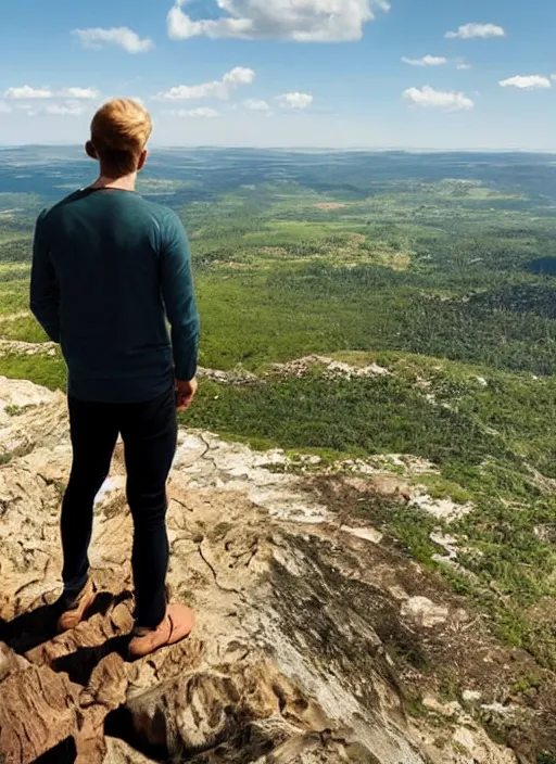 Prompt: a man standing on a viewpoint looking out over a beautiful landscape where new and exciting adventure and potential await