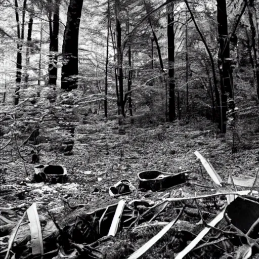 Prompt: huge crashed ufo wreckage in the forest, black and white photo, cinematic, found footage